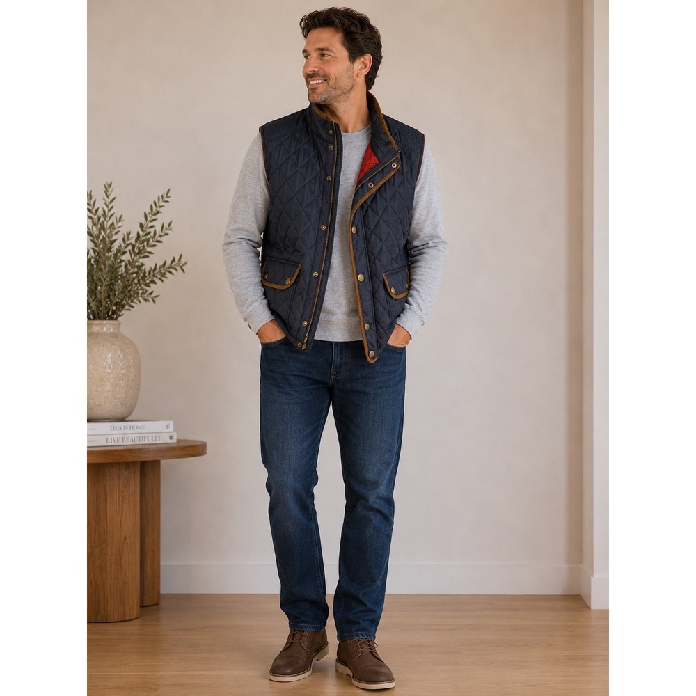 Alan Flusser Mens Quilted Vest Navy Blue Brown Suede Trim Red Lining Size M
